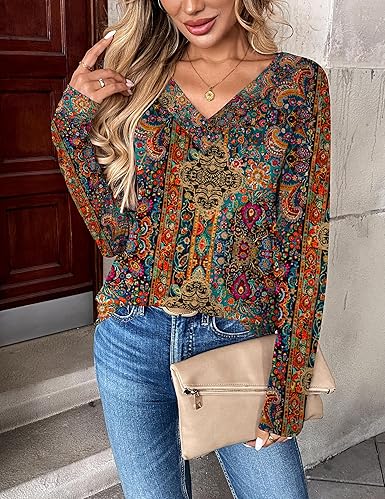 Retro Printed Blouse V-Neck