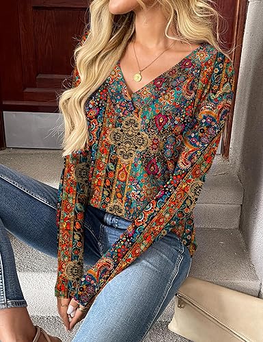 Retro Printed Blouse V-Neck