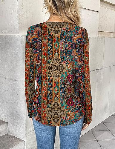 Retro Printed Blouse V-Neck