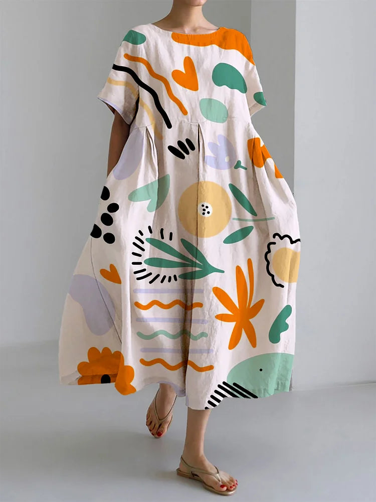 MILENA | Lang Colorrig Kjole med Let Komfort og Kunstnerisk Print til Unik Sommerstil